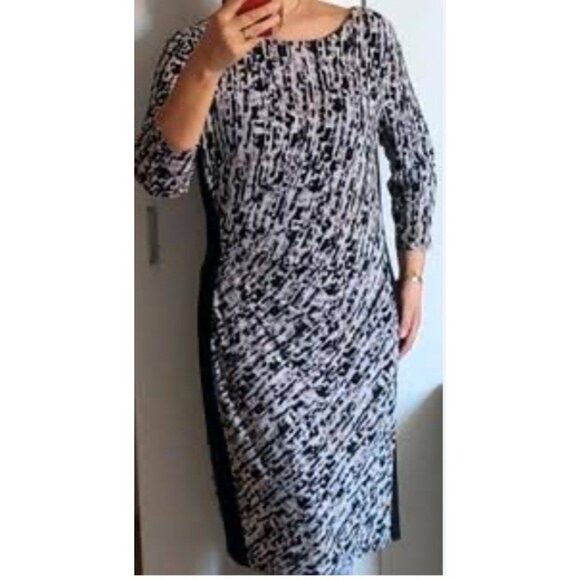 Ralph Lauren 2 Dress Brown Black Ivory Stretch Sheath 3/4 Long Sleeve Washable - Picture 1 of 6